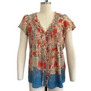 Joie Wynne Floral Pintuck Silk Blouse Sz M Peasant Vibrant Boho Chic Flowy Top